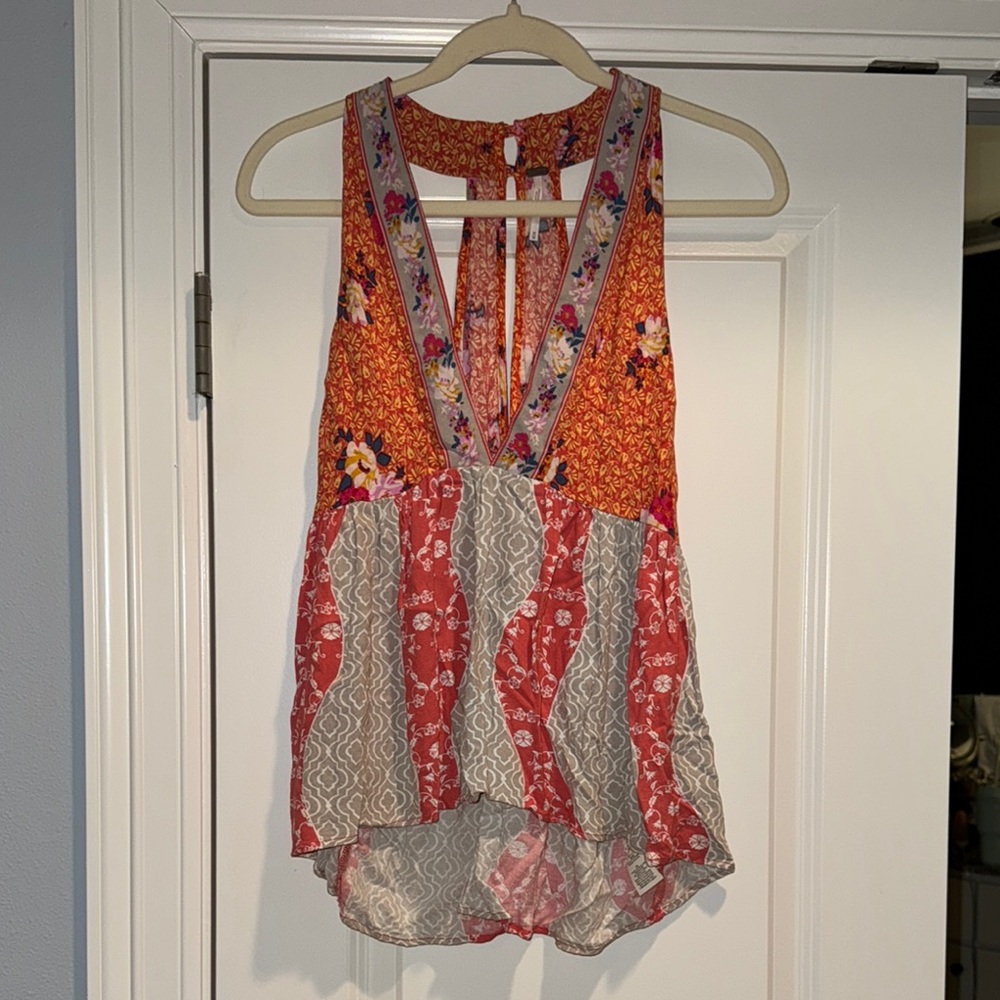 Free People Orange and White Asymmetrical Tie Front Tank Top